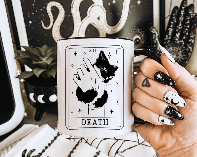 Halloween Coffee Mug, Tarot Card Black Cat Mug, Black Cat Lover Gifts, Tarot Card Death Mug, Funny Halloween Mug, Spooky Season Mug image 1