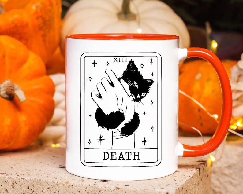 Halloween Coffee Mug, Tarot Card Black Cat Mug, Black Cat Lover Gifts, Tarot Card Death Mug, Funny Halloween Mug, Spooky Season Mug image 3