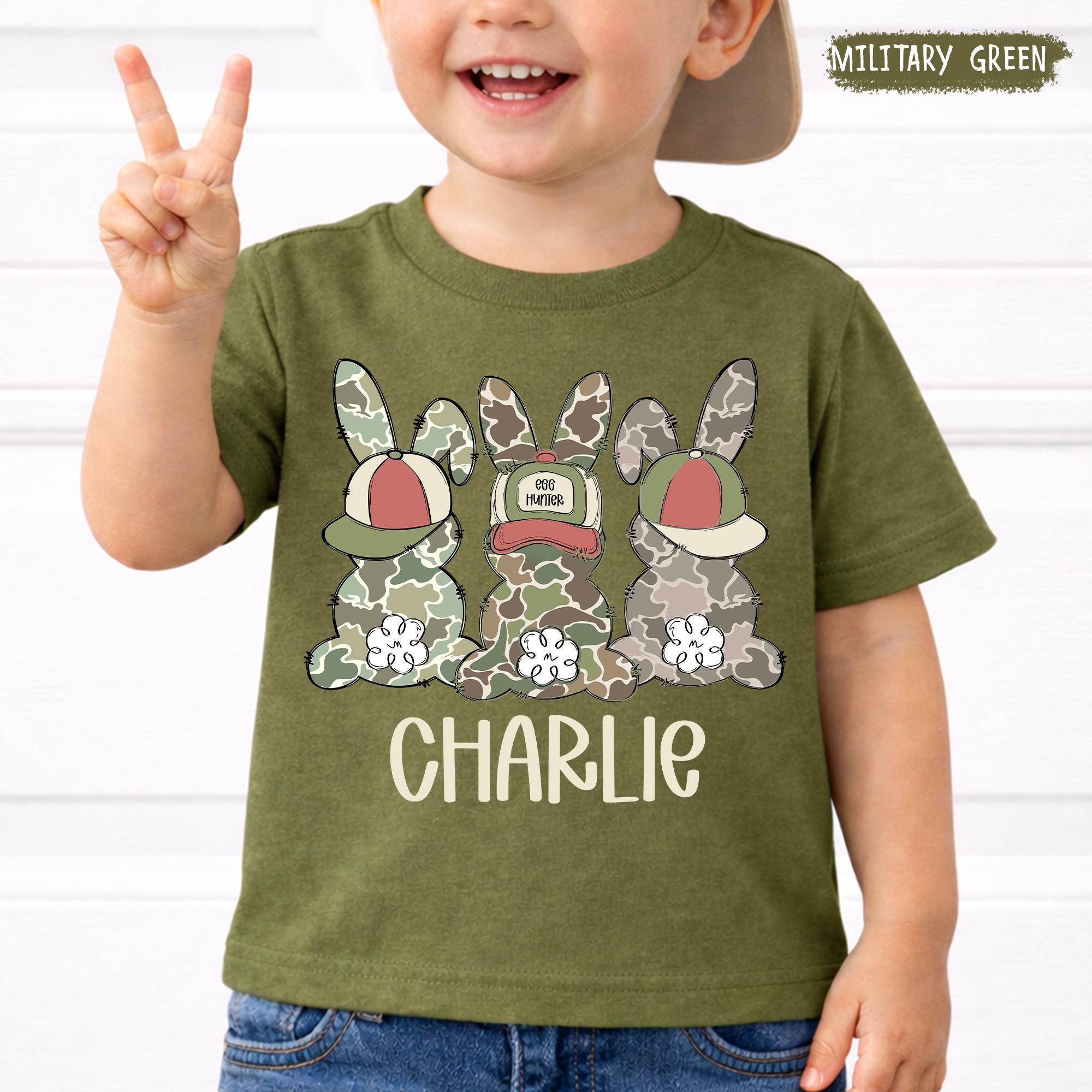 Discover Camo Boy Easter Shirt: Personalized Camo Easter Kids Shirt, Camouflage Bunny Tee, Custom Name Easter Toddler Tee, Sibling Cousin Crew Tees