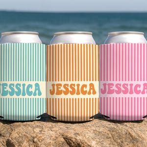 Personalized Name Groovy Striped Can Coolers, Coastal Bach Stripe Can Cooler, Retro Bridesmaid Bach Party Coolers, Beach Bachelorette Favor