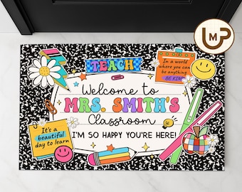 Personalized Teacher Classroom Doormat, Composition Book Doormat, Classroom Welcome Mat, Classroom Decor, Groovy Teacher Gift for Women