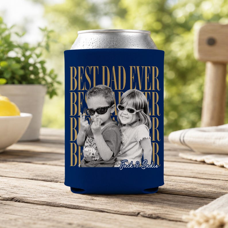 Enfriador de latas personalizado con foto "El mejor papá del mundo", regalo para el Día del Padre, regalo para el esposo, regalo para papá de parte de los niños. imagen 5