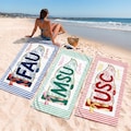 Personalized School Spirit Beach Towel: Coquette College Pennant Flag Towel, Grandmillennial Striped Towel, Sorority Girls Graduation Gift