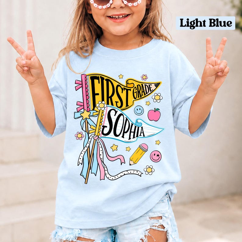Personalized Pencil Back To School Kids Shirt, Custom Pennant Kids Girl Shirt, Custom Any Grade Shirt, School Toddler Shirt image 7