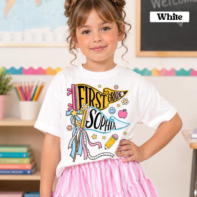 Personalized Pencil Back To School Kids Shirt, Custom Pennant Kids Girl Shirt, Custom Any Grade Shirt, School Toddler Shirt image 12