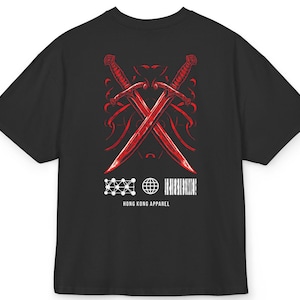 T-shirt squadrata in cotone con grafica Techwear Box Tee con design Red Sabres per abbigliamento casual di Hong Kong, regalo alla moda per i giocatori nel 2025