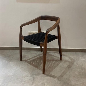 Handcrafted Walnut Wood Armchair with Black Woven Seat – Modern Accent Chair