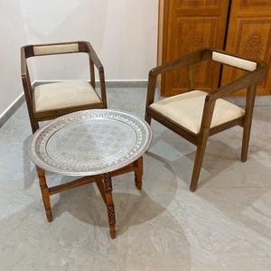 Solid Walnut Wood Armchair with Round Moroccan Tray Table – Modern Minimalist Design