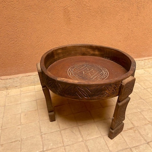 Vintage Moroccan Wooden Table – Hand Carved Round Side Table – Tribal Coffee Table for Boho Decor or Living Room Accent