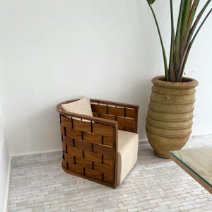 Handmade Walnut Accent Chair – Modern Wooden Armchair with Woven Back & Cushioned Seat