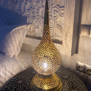 Handmade Moroccan Brass Table Lamp – Pierced Lantern with Geometric Patterns, Warm Ambient Lighting