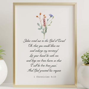 Das Gebet von Jabez - 1 Chronik 4:10 Schrift Wandkunst - Christlicher Segensdruck mit Wildblumen Illustration