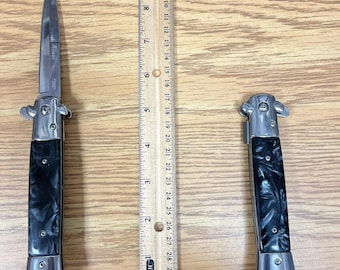 9"Tactical Marble Black Spring Assisted Open Blade Folding Pocket Knife Italian Style