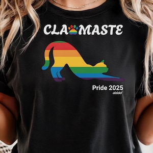 Clawmaste Pride Yoga Cat T Shirt Rainbow Stretching Cat LGBTQ+ Funny Zen Tee Unisex Casual Wear Gift for Cat Lovers