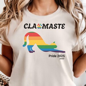 Clawmaste Pride Yoga Cat T Shirt Rainbow Stretching Cat LGBTQ Plus Funny Zen Tee, Unisex Casual Pride Month Clothing, Cat Lover Gift