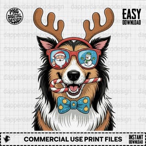 Puede incluir: Ilustración digital de un perro con adornos navideños. El perro tiene pelaje marrón y negro, gafas de sol rojas con Santa y un muñeco de nieve reflejados en las lentes, y un bastón de caramelo en la boca. Lleva una pajarita azul con adornos dorados y cuernos de reno.