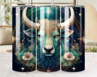 Taurus Zodiac Tumbler Wrap, Floral Bull Design (20oz Skinny Tumbler PNG)