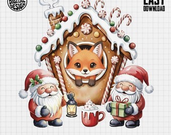 Puede incluir: Una ilustración navideña caprichosa con una casa de jengibre y un zorro asomándose. Dos figuras de Papá Noel flanquean la casa, junto con una taza de crema batida y una linterna. La imagen incluye el texto "PNG DIGITAL DESIGN", "EASY DOWNLOAD" y "COMMERCIAL USE PRINT FILES".