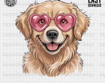 Golden Retriever Valentine PNG with Pink Heart Sunglasses Puppy Dog Lover