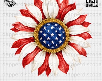 Sunflower Patriotic PNG, Watercolor 4th of July Clipart, Stars Stripes