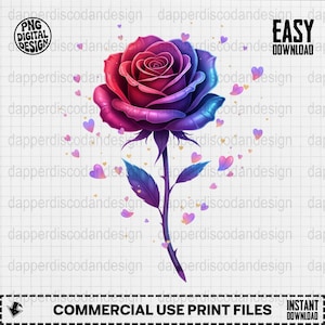 May include: A digital illustration of a vibrant rose in shades of red, purple, and blue, with a stem and leaves. The image includes small heart shapes and text that reads "PNG DIGITAL DESIGN" and "COMMERCIAL USE PRINT FILES".