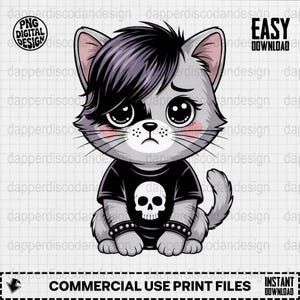 May include: A cartoon illustration of a gray cat with black and purple hair, wearing a black t-shirt with a skull graphic. The cat has large, sad eyes and is wearing studded bracelets. Text includes "PNG DIGITAL DESIGN", "EASY DOWNLOAD", and "COMMERCIAL USE PRINT FILES".