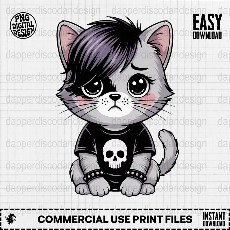 Emo Cat Clipart Sad Kitty Wearing Skull Shirt PNG Kawaii Goth Cat Art ...