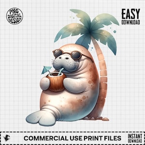 Manatee PNG, Manatee Clipart, Beach Png, Coconut Png, Summer Manatee, Sublimation Png, Digital Download, Sea Cow Png