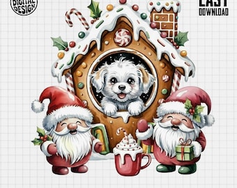 Maltese Puppy Dog PNG, Gingerbread House Clipart, Santa Gnomes, Holiday Digital Art, Festive Png, Watercolor Design, Xmas Sublimation