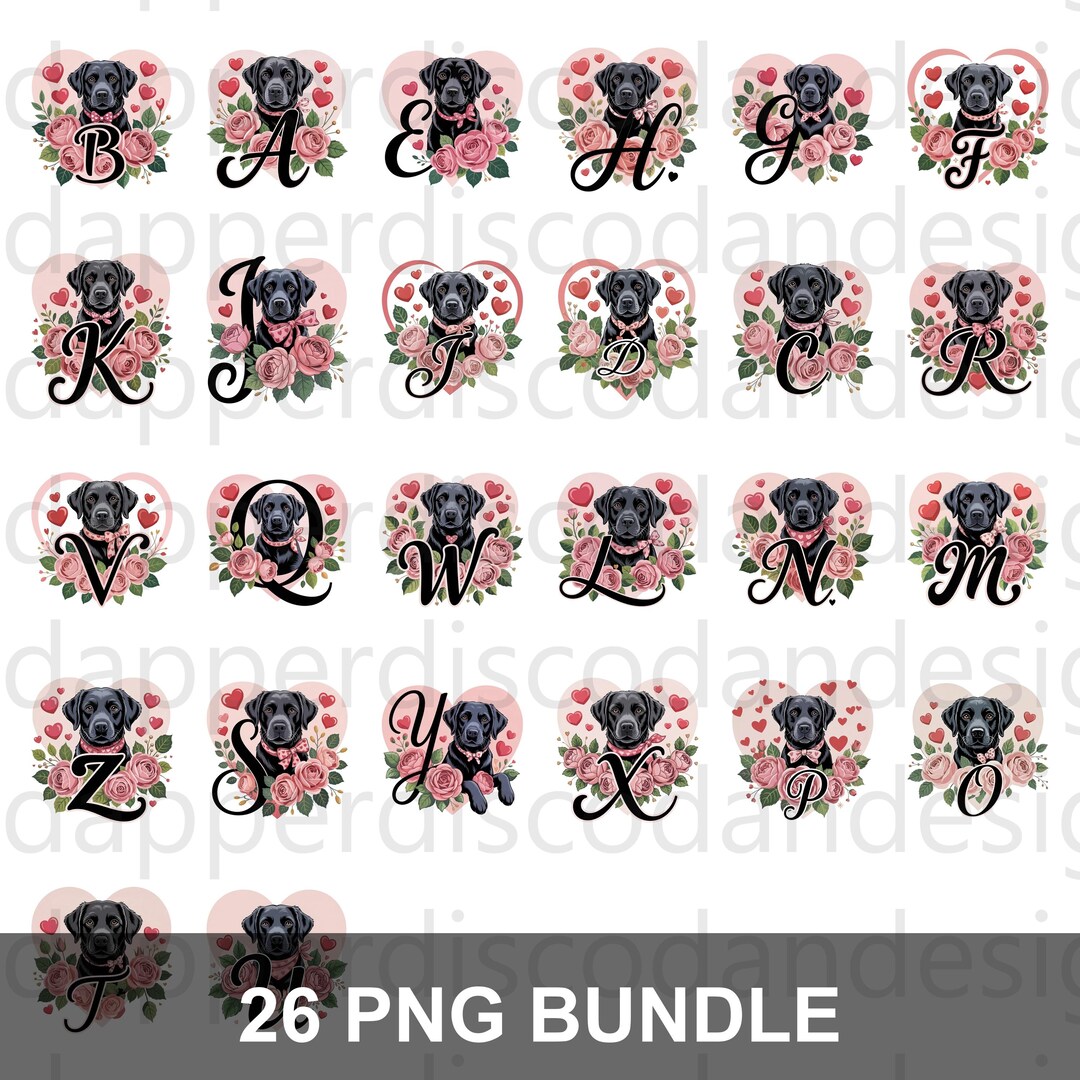 Black Labrador Alphabet Bundle - 26 Pngs Floral Dog Letters Valentine ...