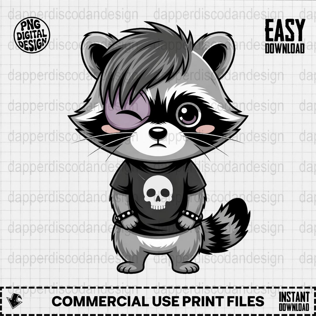 Emo Raccoon Clipart Goth Raccoon Wearing Skull Shirt PNG Kawaii Alt ...