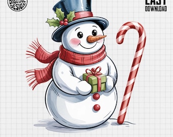 May include: A cheerful snowman illustration wearing a top hat, red scarf, and holding a green gift box. A red and white candy cane stands beside the snowman. The image includes the text "PNG DIGITAL DESIGN", "EASY DOWNLOAD", "COMMERCIAL USE PRINT FILES", and "INSTANT DOWNLOAD".