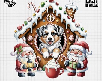 Aussie Puppy PNG, Gingerbread House, Christmas Clip Art, Santa Clipart, Winter Dog Png, Holiday Designs, Digital Download, Cute Animal Art