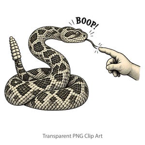 Può includere: Un'illustrazione in bianco e nero a tratto di un serpente a sonagli avvolto con il sonaglio sollevato. Un dito tocca la lingua del serpente, con il testo BOOP! che appare sopra la testa del serpente in un carattere stilizzato.