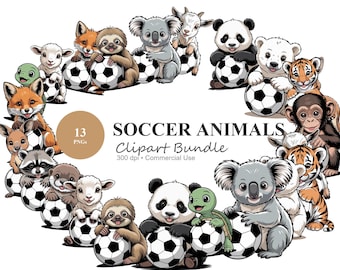 Soccer Animals Clipart Bundle, 13 Sports PNG Graphics for Sublimation, Kids Team DIY Designs