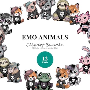 Emo Animal Clipart Bundle - 12 PNGs - Punk Animals in Skull Hoodies, Axolotl, Fox, Sloth - for Stickers, Sublimation & Apparel Designs