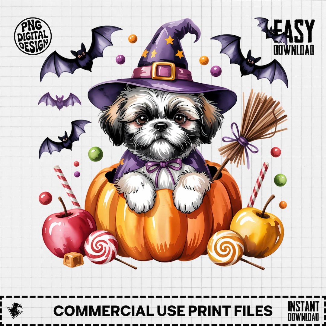 Shih Tzu Witch Dog Clipart, Halloween Puppy, Pumpkin, Bat (PNG Digital ...