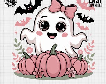 Puede incluir: Ilustración de un fantasma de dibujos animados con un lazo rosa, rodeado de calabazas rosas, murciélagos y flores. El texto incluye "PNG DIGITAL DESIGN", "EASY DOWNLOAD", "COMMERCIAL USE PRINT FILES" e "INSTANT DOWNLOAD".