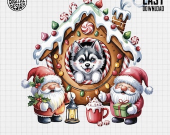 Husky PNG, Christmas Digital Clipart, Santa Claus Illustration, Gingerbread House Png, Holiday Season Png, Festive Design, Puppy Png