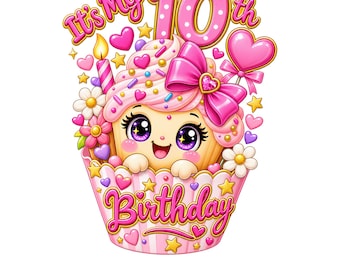 10th Birthday Cupcake PNG - Kawaii Girl Sublimation Design
