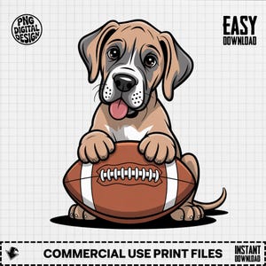 Puede incluir: Ilustración de dibujos animados de un cachorro marrón y blanco sosteniendo un balón de fútbol americano marrón. El cachorro tiene la lengua rosa afuera y está sentado sobre un fondo blanco con un patrón de cuadrícula. El texto de la imagen dice "PNG DIGITAL DESIGN", "EASY DOWNLOAD", "COMMERCIAL USE PRINT FILES" y "INSTANT DOWNLOAD".