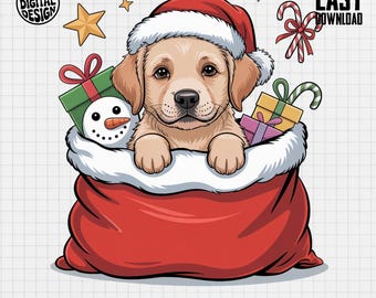 Golden Retriever Christmas PNG - Santa Hat Puppy in Gift Bag Holiday Design
