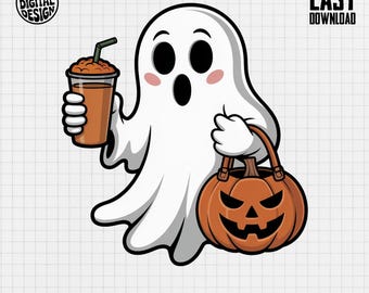 Ghost Iced Coffee Pumpkin - Halloween Character - PNG - Sublimation Shirt Design