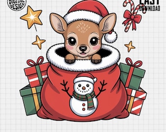 Weihnachtsrentier im Weihnachtsmannsack (PNG), festliches Rehkitz – festliche Cliparts