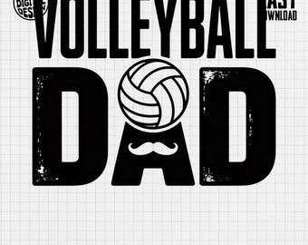Può includere: Un design grafico digitale in bianco e nero con il testo VOLLEYBALL DAD in caratteri grassetti e usurati. Una pallavolo sostituisce la lettera O e un paio di baffi bianchi sono centrati sulla lettera A. Include il testo PNG DIGITAL DESIGN.