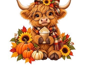 Highland Cow PNG - Autumn Pumpkin Fall Clipart with Sunflowers Scarf