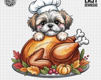 Thanksgiving Shih Tzu PNG, Chef Dog with Turkey (Digital Clip Art)