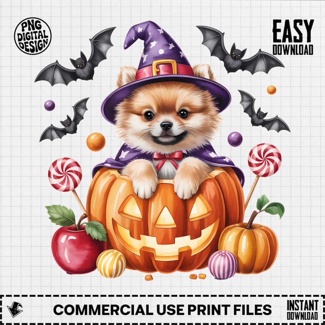 Pomeranian Halloween Clipart, Cute Dog Clipart, Witch Dog, Halloween ...