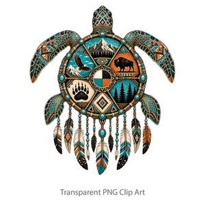 May include: A decorative turtle illustration featuring a circular shell design with segments depicting a mountain range, a flying eagle, a bison, and a pine forest. The turtle is adorned with turquoise beads and hanging feathers in brown and blue.