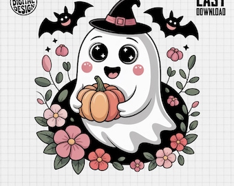 Joli fantôme Png, Clipart fantôme d'Halloween, fantôme avec citrouille, fantôme de chapeau de sorcière, floral fantôme Png, Halloween Png, téléchargement numérique